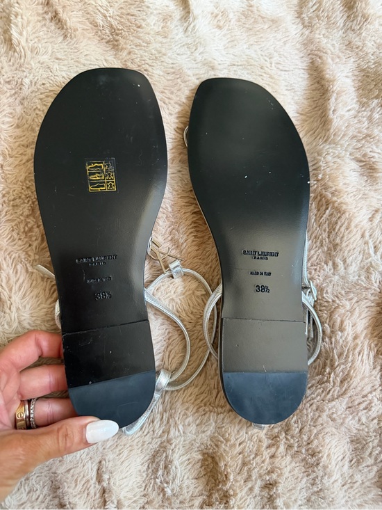 Rare metallic silver Saint Laurent Cassandra/YSL logo thong sandals